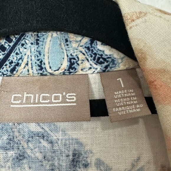 2/$30 Chicos Linen Open Front Blazer Jacket Size 1 M Boho Resortwear Paisley - Picture 9 of 12
